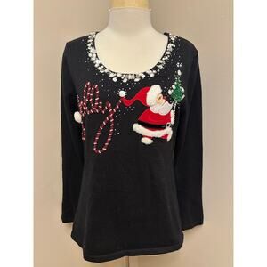 Berek Scoop Neck Beaded Sequin Embroidered Jolly Santa Christmas Sweater Sz Med
